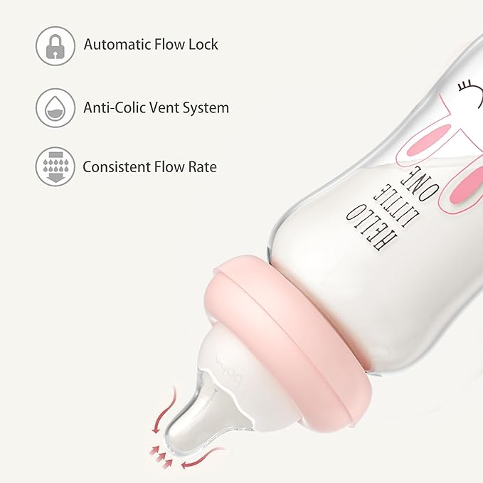 YOHKOH Natural Glass Baby Bottle with Natural Response Nipple, Newborn Anti-Colic Baby Bottles, Wide Neck Mushroom Cap Baby Bottle, Clear ((5.4oz (Pack of 4), Purple)-BubblyBeeBaby