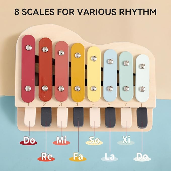 IEATFO 2-in-1 Piano Xylophone Wooden Musical Toy for Toddlers 1-3, Educational Musical Learning Instruments with 8 Colorful Keys, 5 Classic Song Sheets, Montessori Sensory Music Set for Girls Boys-BubblyBeeBaby
