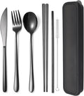 AARAINBOW 6 Pieces 18/8 Stainless Steel Flatware Set Portable Reusable Cutlery Set Travel Utensils Set Including Chopsticks Knife Fork Spoon Straws Cleaning Brush Dishwasher Safe (Black)