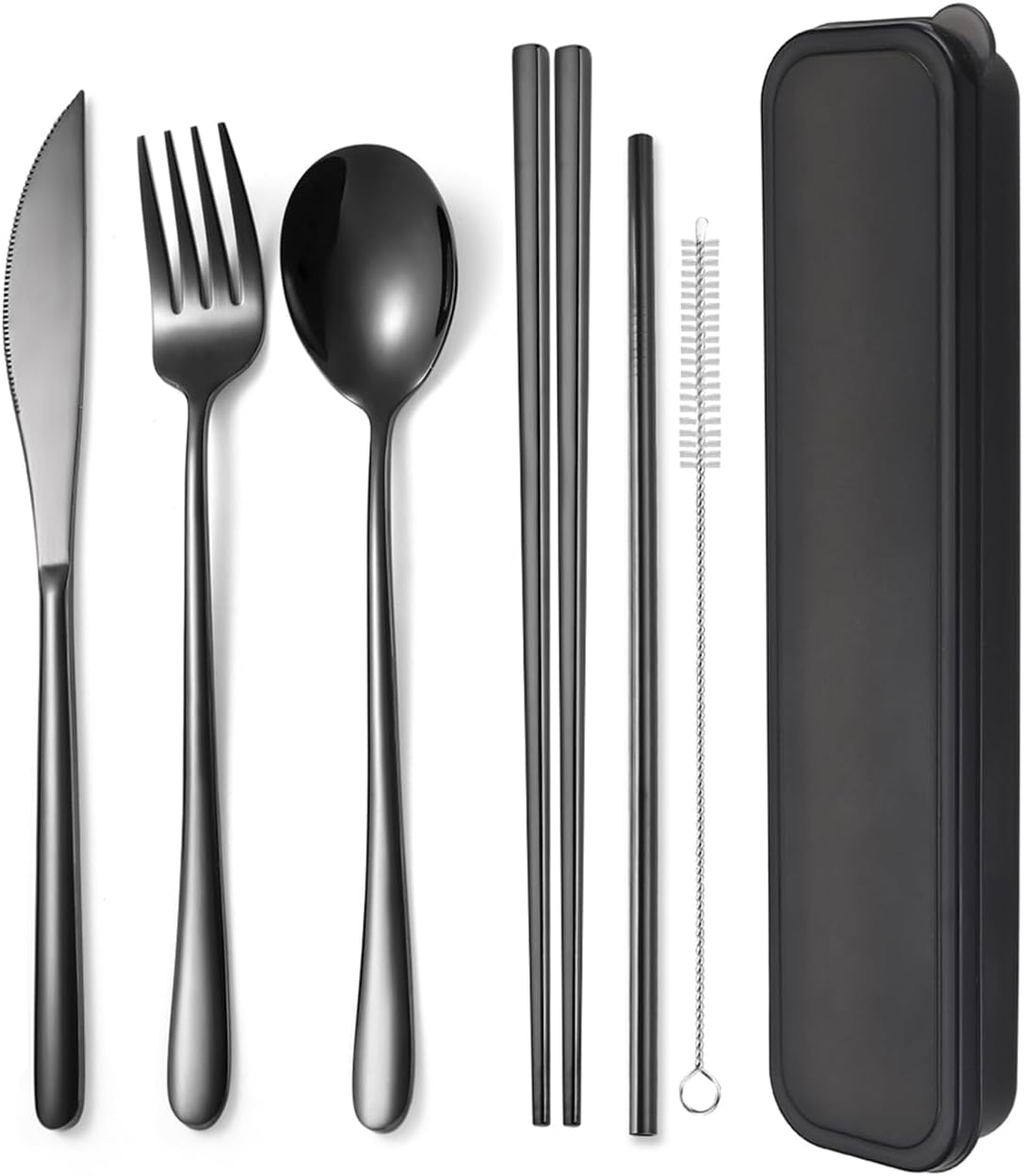 AARAINBOW 6 Pieces 18/8 Stainless Steel Flatware Set Portable Reusable Cutlery Set Travel Utensils Set Including Chopsticks Knife Fork Spoon Straws Cleaning Brush Dishwasher Safe (Black)