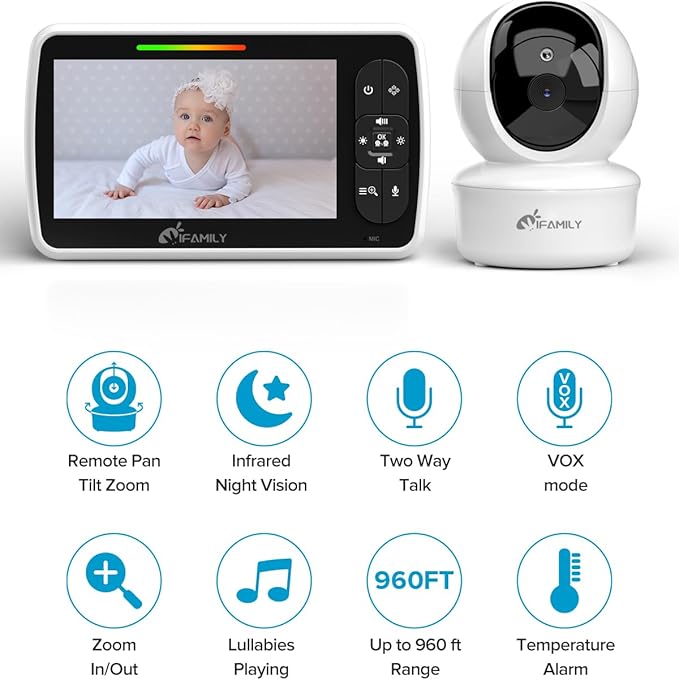 iFamily Baby Monitor - Large 5" Screen with 30Hrs Battery Life - Remote Pan-Tilt-Zoom;No WiFi, Two-Way Audio, Night Vision, Temperature, Lullabies, 960ft Long Range Baby Monitor with Camera and Audio-BubblyBeeBaby