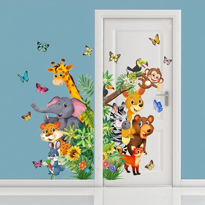 Jungle Animal Wall Decals, Cartoon Animal Sticker Safari Elephant Lion Monkey Wall Decals for Baby Room Playroom Bedroom Classroom Kindergarten Decor-BubblyBeeBaby