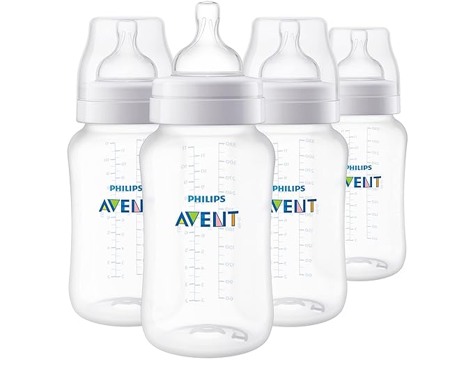 Philips Avent Anti-Colic Baby Bottles, 11oz, with Flow 3 Nipples, 3m+, 4pk, Clear, SCY106/04-BubblyBeeBaby