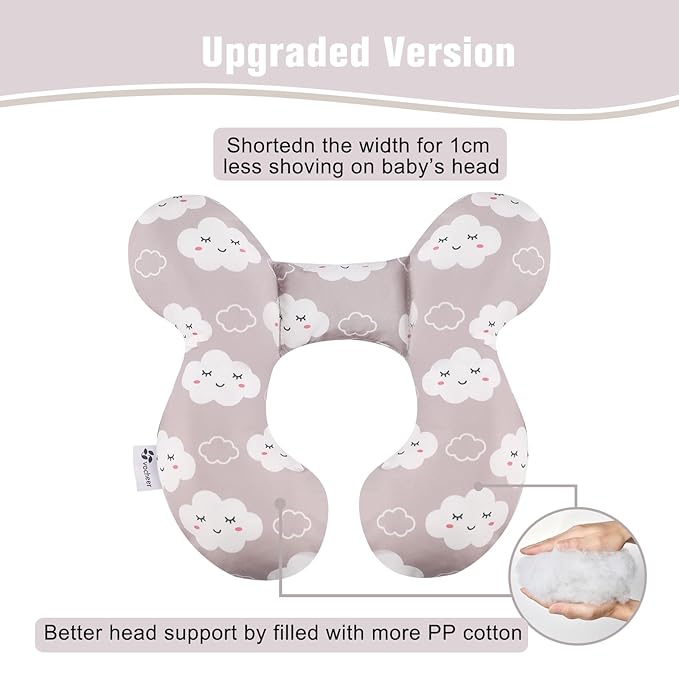 vocheer Baby Travel Pillow(Upgraded), Head and Neck Support Pillow for Pushchair, Car Seat,Stroller, Bouncer, Cotton(Grey Cloud-BubblyBeeBaby