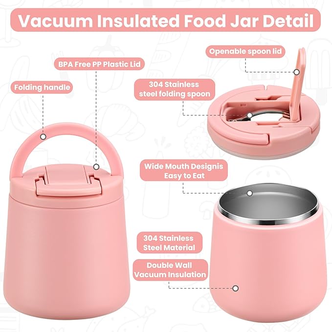20oz Insulated Vacuum Food Jar with Buckle Lid,Soup Thermo for Hot Food Kids,Wide Mouth Leakproof Stainless Steel Lunch Container with Spoon-Pink-BubblyBeeBaby