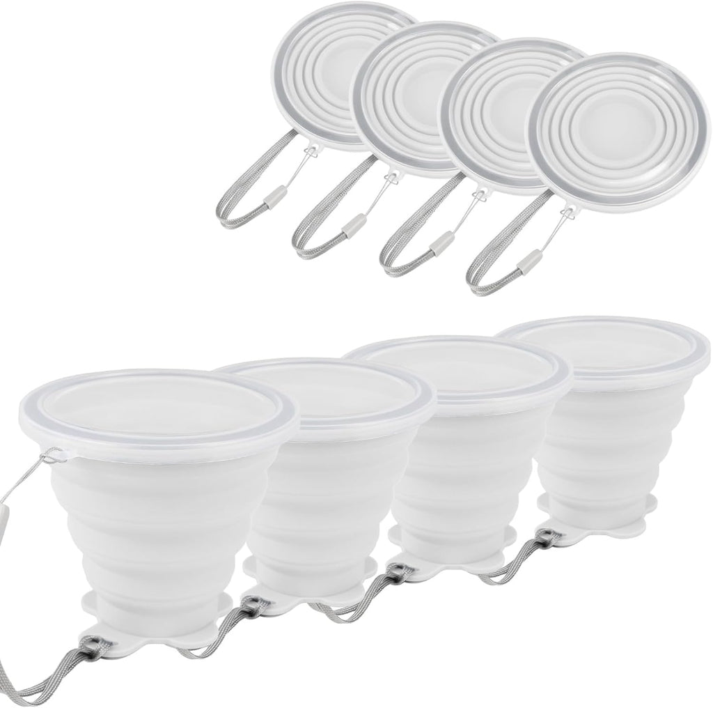 JBER Silicone Collapsible Travel Cup, 4 Pack Silicone Folding Camping Cup with Lids Expandable Drinking Cup for Outdoor Hiking Travel (White Translucent)