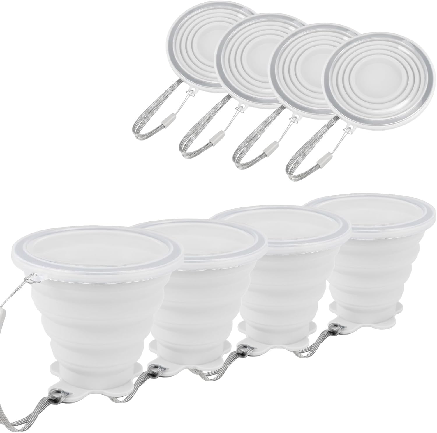 JBER Silicone Collapsible Travel Cup, 4 Pack Silicone Folding Camping Cup with Lids Expandable Drinking Cup for Outdoor Hiking Travel (White Translucent)
