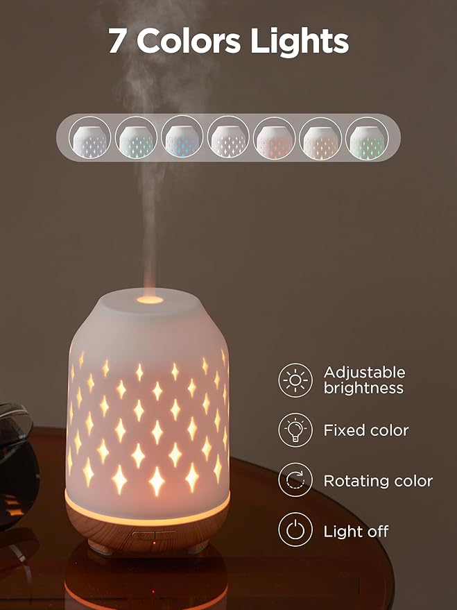 InnoGear Aromatherapy Diffuser, 150ml Ceramic Diffuser Ultrasonic Humidifier Cool Mist Essential Oil Diffusers for Home Air Diffuser with 2 Mist Modes Waterless Auto Off, White-BubblyBeeBaby