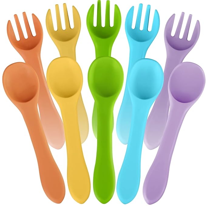 10 Pieces Baby Led Weaning Spoons and Forks Set Infant Silicone Spoon First Self Feed Baby training Utensils for Toddler First Stage Feeding Supplies for Kids Over 6 Months, 5 Pairs(Fresh Colors)-BubblyBeeBaby