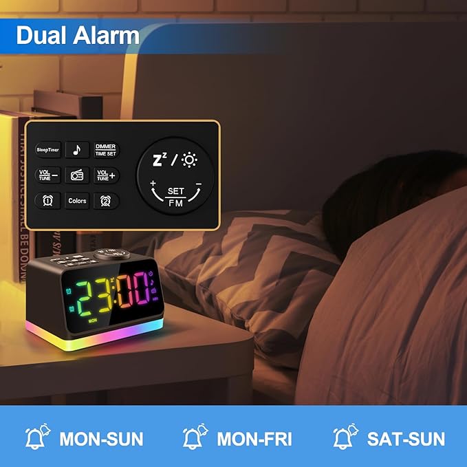 JALL Digital Alarm Clock with FM Radio for Bedroom, 8 Colors Night Light with Charging Port, Sleep Sound Machines with Timer, Dual Alarm (Black with RGB Font)-BubblyBeeBaby