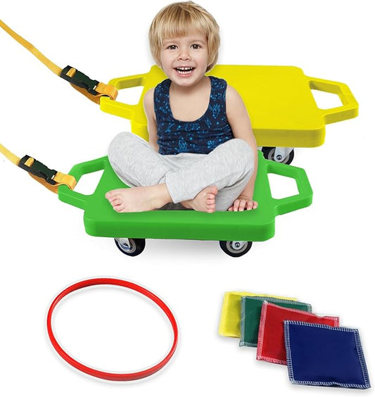 2 Plastic Scooter Boards with Handles for Kids Sitting and Sports Training, with 1 Ring, 2 Ropes and 4 Beanbags, Indoor and Outdoor Play-BubblyBeeBaby
