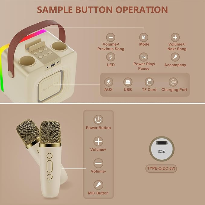 Karaoke Machine for Kids Adults, Portable Bluetooth Karaoke Speaker with 2 Wireless Microphones, Karaoke System with Mics Storage Hole and Lights, Birthday Gifts for Girls Boys Family Home Party-BubblyBeeBaby