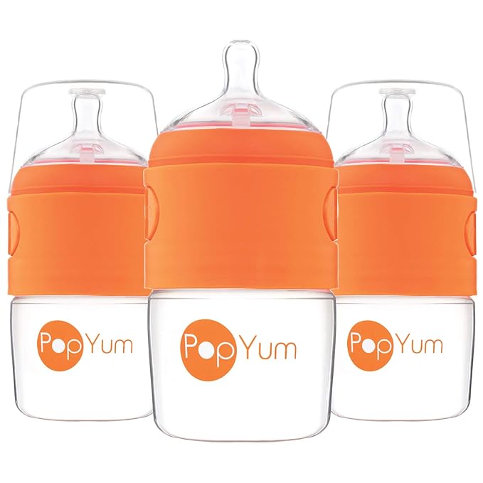 PopYum 5 oz Orange Anti-Colic Formula Making/Mixing/Dispenser Baby Bottles, 3-Pack with #1 Slow Flow Nipples, 150 ml, BPA-Free, Natural Latch-BubblyBeeBaby