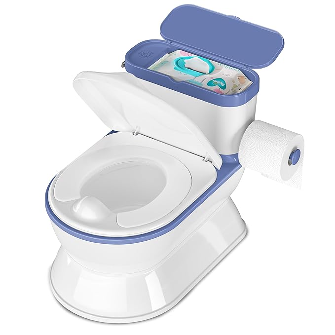 2-in-1 Toddler Potty Training Toilet - Larger Potty Chair & Detachable Training Seat for Boys & Girls Ages 1-3 with Flushing Sound, Wipes Storage, Toilet Paper Holder - Blue-BubblyBeeBaby