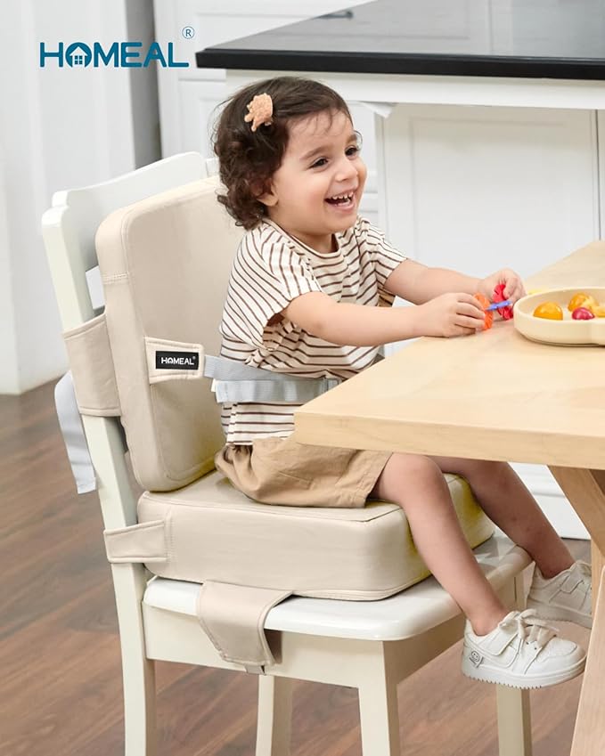 HOMEAL Toddler Booster Seat for Dining Table - Toddler Dining Cushion with Wipeable Surface -Booster Seat for Kitchen Chair with Easy-Install Straps - Breathable Fabric - Beige-BubblyBeeBaby