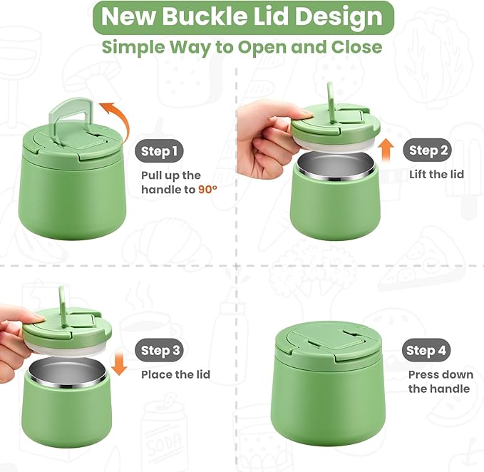 14oz Insulated Vacuum Food Jar with Buckle Lid,Soup Thermo for Hot Food Kids,Wide Mouth Leakproof Stainless Steel Lunch Container with Spoon-Green-BubblyBeeBaby