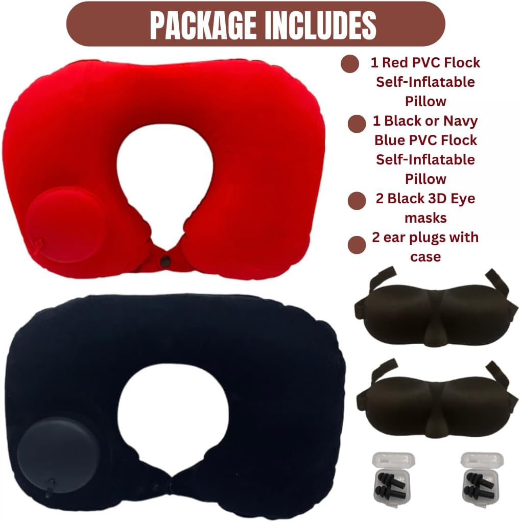 Vorgato Luxury- Inflatable Travel Pillow - Pocket Size - Camping Pillow - Airplane Pillow - with 3D Eye Mask and Earplugs- Airplane Essentials - Travel Neck Pillows for Airplanes - PVC Flock