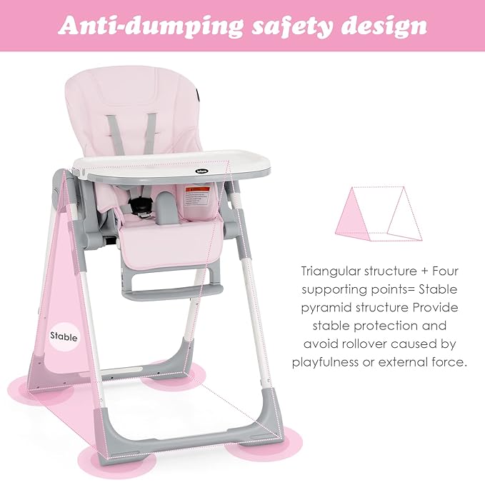 INFANS High Chair for Babies & Toddlers, Foldable Highchair with Multiple Adjustable Backrest, Footrest and Seat Height, Removable Tray, Detachable PU Leather Cushion, Built-in Rear Wheels (Pink)-BubblyBeeBaby