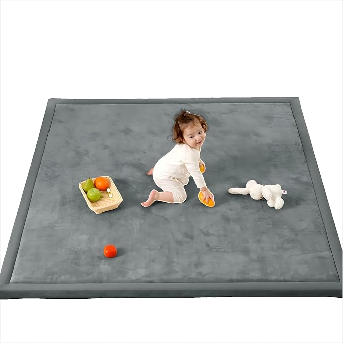 1.3" Thick Baby Play Mat for Floor Playpen, 71x59 Large Foam Tummy Time Mat, Padded Support Soft Plush Nursery Rug for Infant Kids Toddler Crawling Kick Activity (Dark Grey)-BubblyBeeBaby