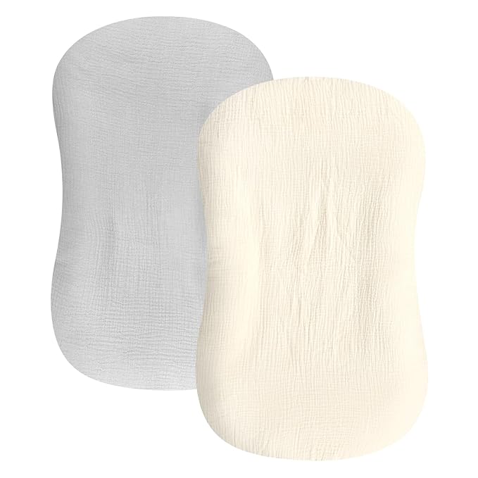 Hooyax Baby Lounger Cover 2 Pack - 100% Muslin Cotton Newborn Lounger Pillow Covers Only, Soft Breathable Infant Lounger Cover with Reinforced Stitching, Fits Most Standard Baby Loungers (Grey Cream)-BubblyBeeBaby