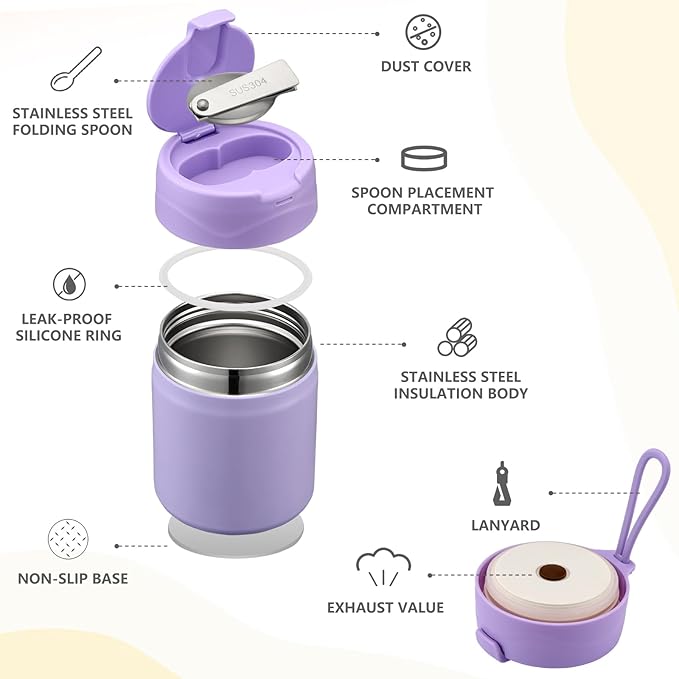 17oz Soup Thermo for Hot Food Kids Insulated Vacuum Food Jar with Stainless Steel Spoon Wide Mouth Thermo Leakproof Lunch Food Container Kids Hot Lunch Box (Purple)-BubblyBeeBaby