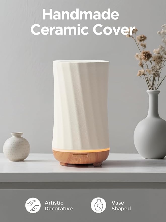 InnoGear 150ml Ceramic Oil Diffuser, Handcrafted Stone Essential Oil Diffuser Aromatherapy Diffusers Ultrasonic Cool Mist Humidifier Vaporizor with 2 Mist Modes Waterless Auto Off for Room Office Home-BubblyBeeBaby