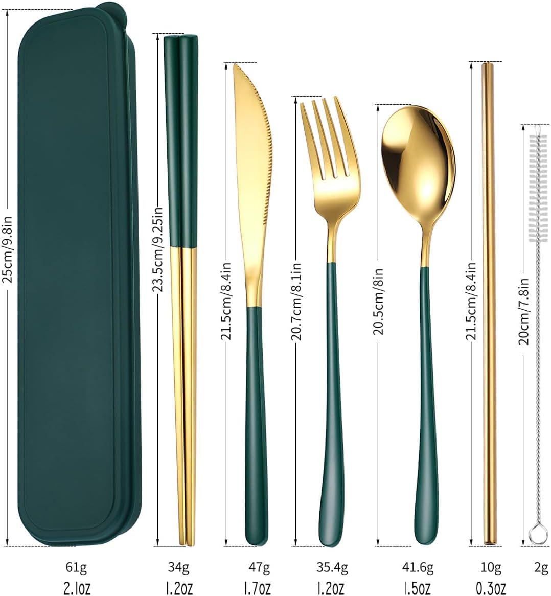 AARAINBOW 6 Pieces 18/8 Stainless Steel Flatware Set Portable Reusable Cutlery Set Travel Utensils Set Including Chopsticks Knife Fork Spoon Straws Cleaning Brush Dishwasher Safe (Green golden)