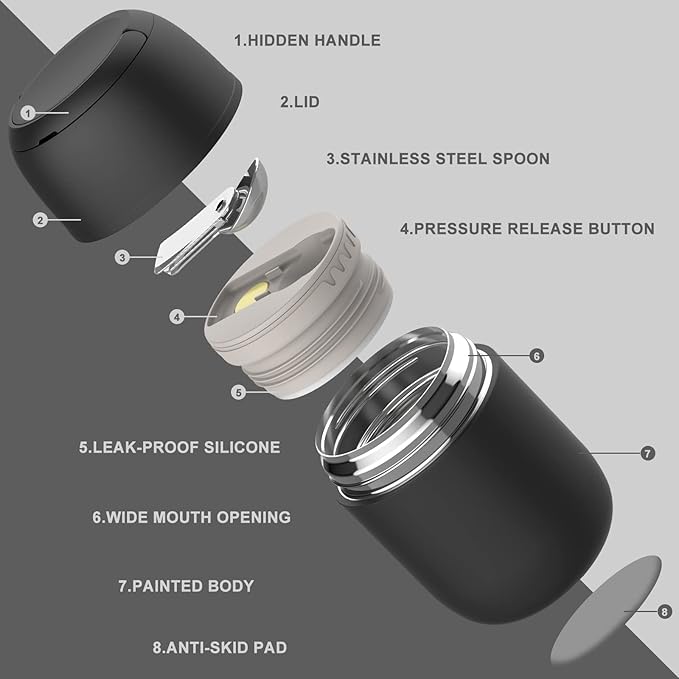 17 oz Insulated Lunch Containers, Black, Vacuum Stainless Steel Thermo Lunch Box with Handle and Folding Spoon for School, Office, Travel-BubblyBeeBaby