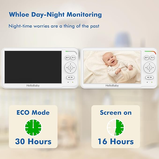 HelloBaby Baby Monitor with 6" World First IPS Screen 30-Hrs Battery, No WiFi Video Baby Monitor Camera and Audio, Remote Pan/Tilt/Zoom, ECO, VOX, 2-Way Talk, Night Vision, 1000ft, Portable for Travel-BubblyBeeBaby