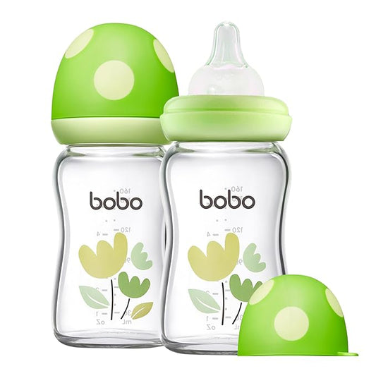 YOHKOH Natural Glass Baby Bottle with Natural Response Nipple, Newborn Anti-Colic Baby Bottles, Wide Neck Mushroom Cap Baby Bottle, Clear (Green, (5.4oz (Pack of 2))-BubblyBeeBaby