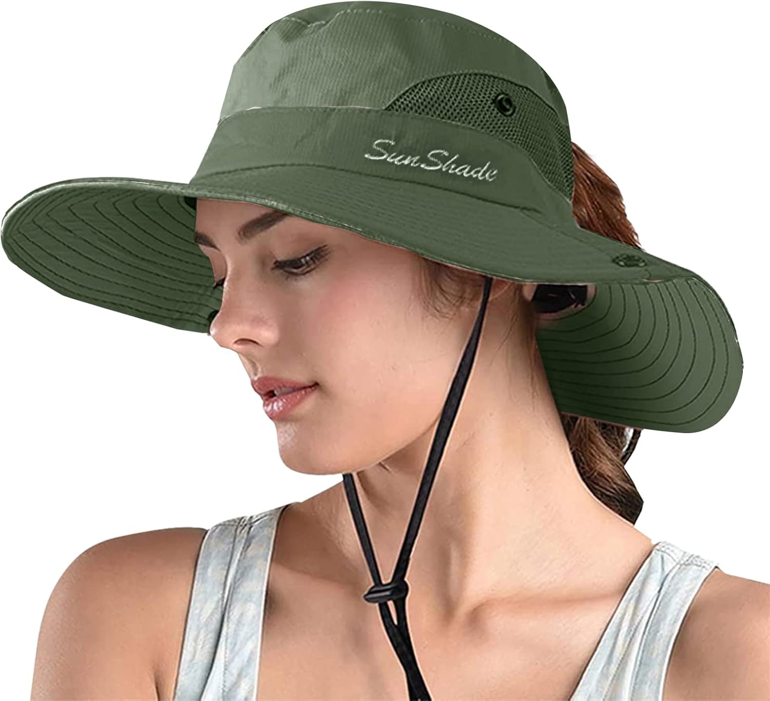 ZOORON Women's Ponytail Safari Sun Hat,Wide Brim UV Protection Outdoor Bucket Hat,Foldable Beach Summer Fishing Hat