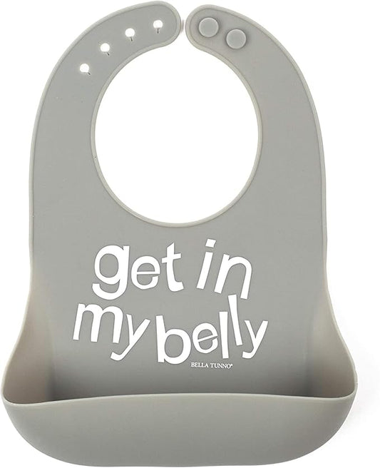 Baby Bib for Eating by Bella Tunno, Waterproof Silicone Bib with Large Food Catcher, Adjustable Fit for Babies 4-12 months & Toddlers 1-3 Years, Boys & Girls, Get In My Belly-BubblyBeeBaby