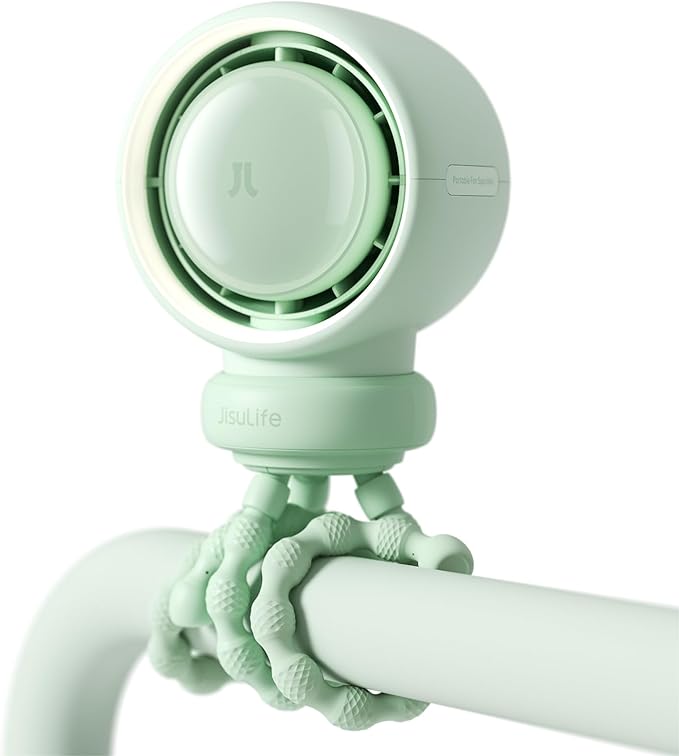 JISULIFE Stroller Fan Baby Large, Safe Bladeless for Crib, Desk, 4000mAh Battery Rechargeable Portable Cooling Fan with Air Turbo Tech, Night Light, Food-Grade Gift for Mom/Dad/Friend - Green-BubblyBeeBaby