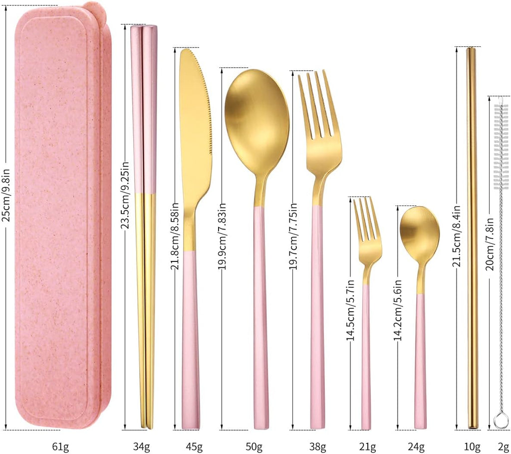 AARAINBOW 6 Pieces Stainless Steel Flatware Set Portable Reusable Cutlery Set Travel Utensils Set Including Chopsticks Knife Fork Spoon Straws Cleaning Brush Dishwasher Safe (B-Pink golden)