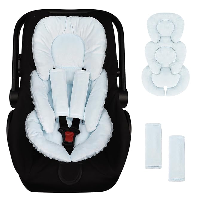GFU Infant Car Seat Insert Head and Body Support, Reversible Newborn Insert for Carseat with Strap Pads, Soft Stroller Cushion Pillow Insert for Boys and Girls, Fits for Stroller, Swing, Lightblue-BubblyBeeBaby