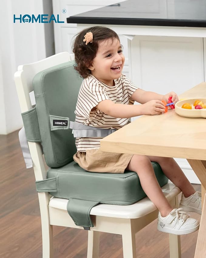 HOMEAL Toddler Booster Seat for Dining Table - Booster Seat for Kitchen Chair with Easy-Install Straps - Wipeable Surface & Removable Cover Easy to Clean -Breathable Fabric - Sage-BubblyBeeBaby