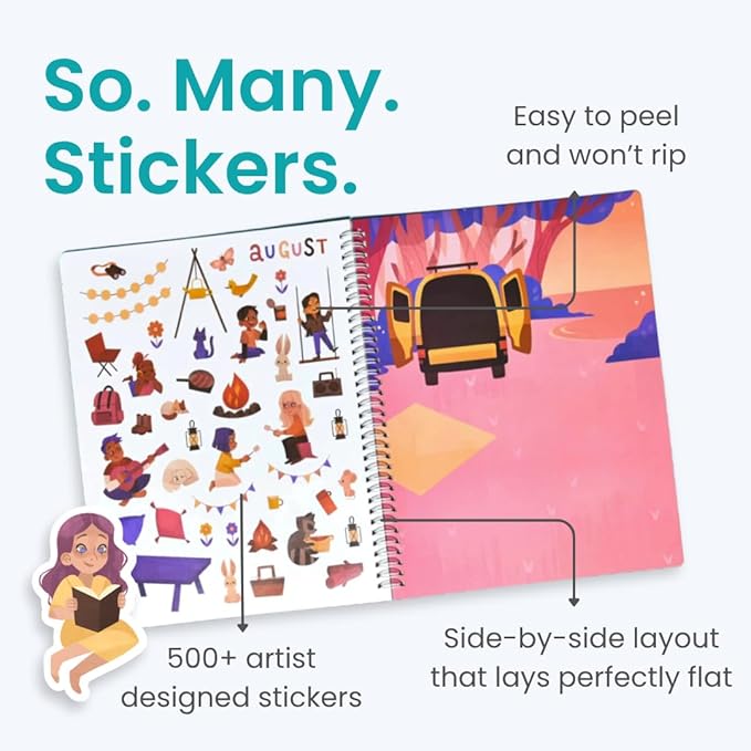 12 Months Sticker + Coloring Book (500+ Calendar Stickers for Kids & 12 Coloring Pages) Side by Side Activity Book, Fun Sticker Books, Boys & Girls Ages 2-4, 4-8, 8-10-BubblyBeeBaby