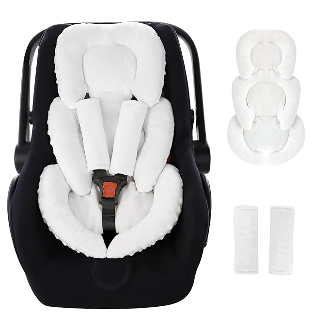 GFU Infant Car Seat Insert Head and Body Support, Reversible Newborn Insert for Carseat with Strap Pads, Soft Stroller Cushion Pillow Insert for Boys and Girls, Fits for Stroller, Swing, White-BubblyBeeBaby