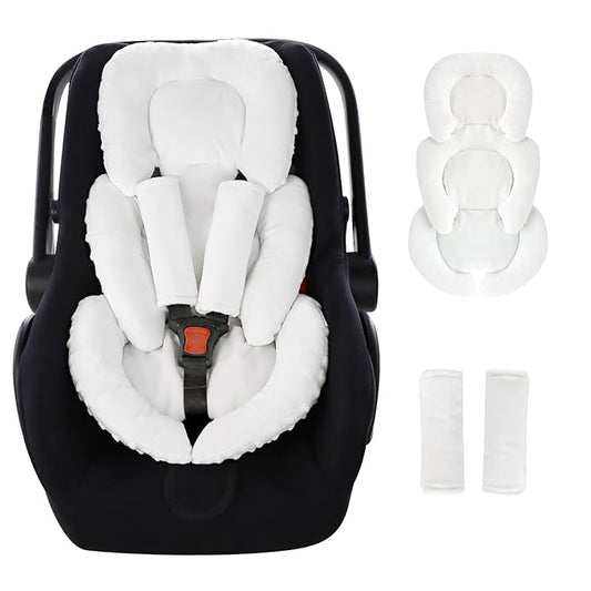 GFU Infant Car Seat Insert Head and Body Support, Reversible Newborn Insert for Carseat with Strap Pads, Soft Stroller Cushion Pillow Insert for Boys and Girls, Fits for Stroller, Swing, White-BubblyBeeBaby