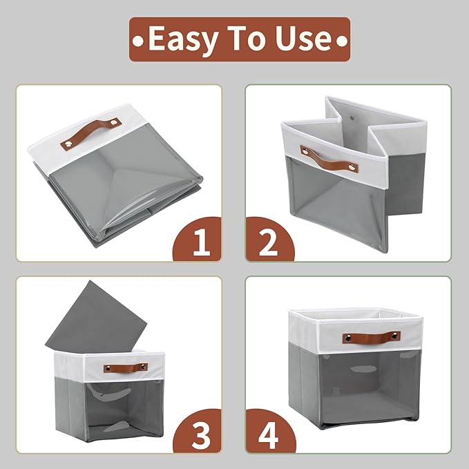 HNZIGE 11x11 Cube Storage Bins for Cube Organizer, Clear Fabric Storage Cubes for Storage Shelves, Collapsible Decorative Storage Bins for Clothes Closet Toys Cubby Storage Bin(White Gray 6 PCS-BubblyBeeBaby