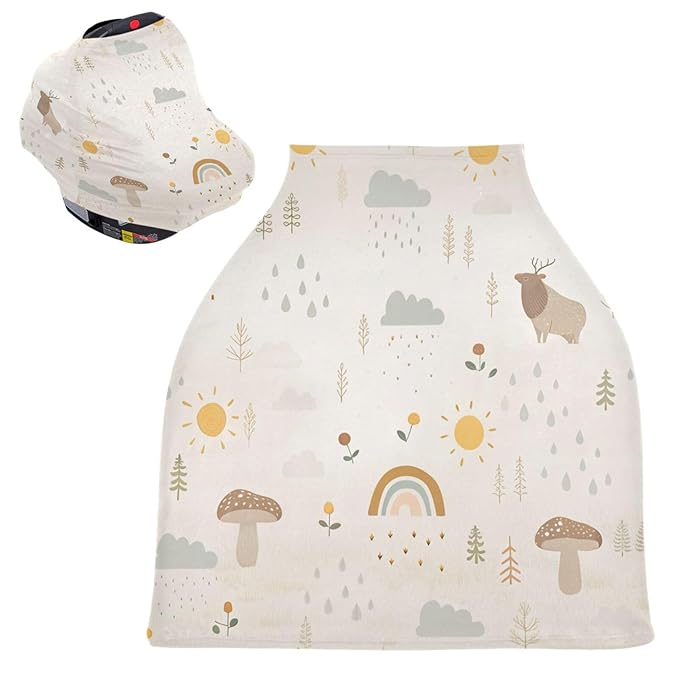 Kigai Mushroom Rainbow Baby Car Seat Covers for Newborn, Breathable Nursing Cover for Breastfeeding Moms, Baby Stroller/Shopping Cart/Stretchy Carseat Cover for Boy & Girl-BubblyBeeBaby