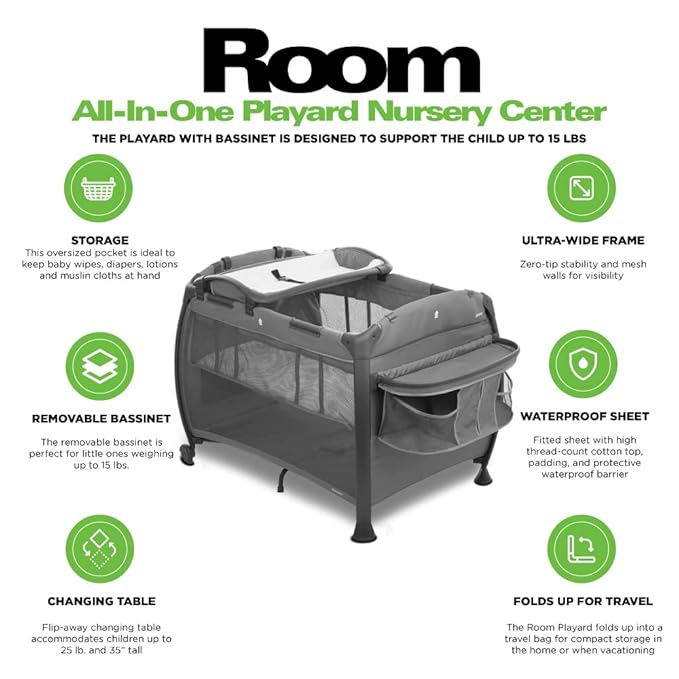 Joovy Room-Playard, Nursery Center, Bassinet, Changing-Table, Charcoal-BubblyBeeBaby