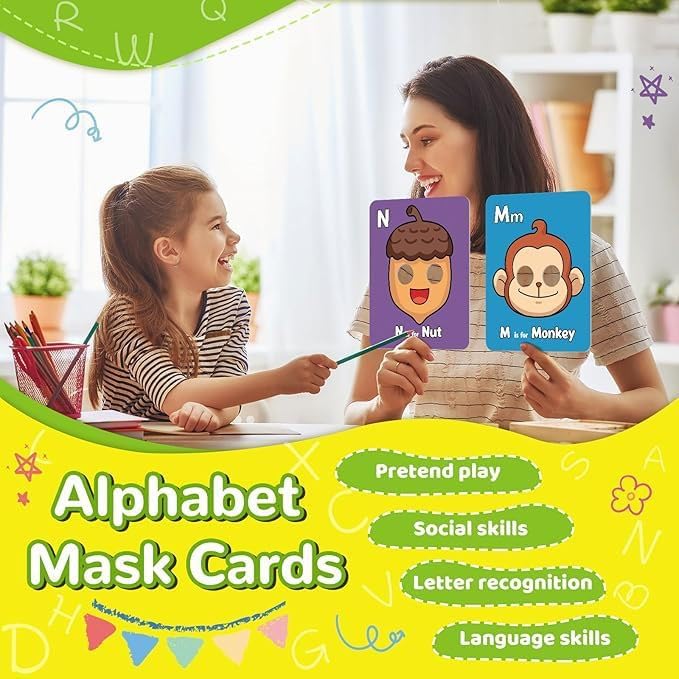 2025 New Alphabet ABC Flash Cards with Animal Masks, 26 Pcs Animal mask Alphabet Cards, Interactive Education Games, Learn Letters, English Phrases-BubblyBeeBaby