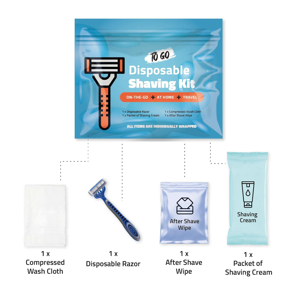 Shaving Kit with Razor, Shaving Cream, Washcloth & Aftershave Wipe – Men’s Travel Shave Set for Hotels, Shelters & Outreach – Disposable Grooming Pack (Blue) (50)