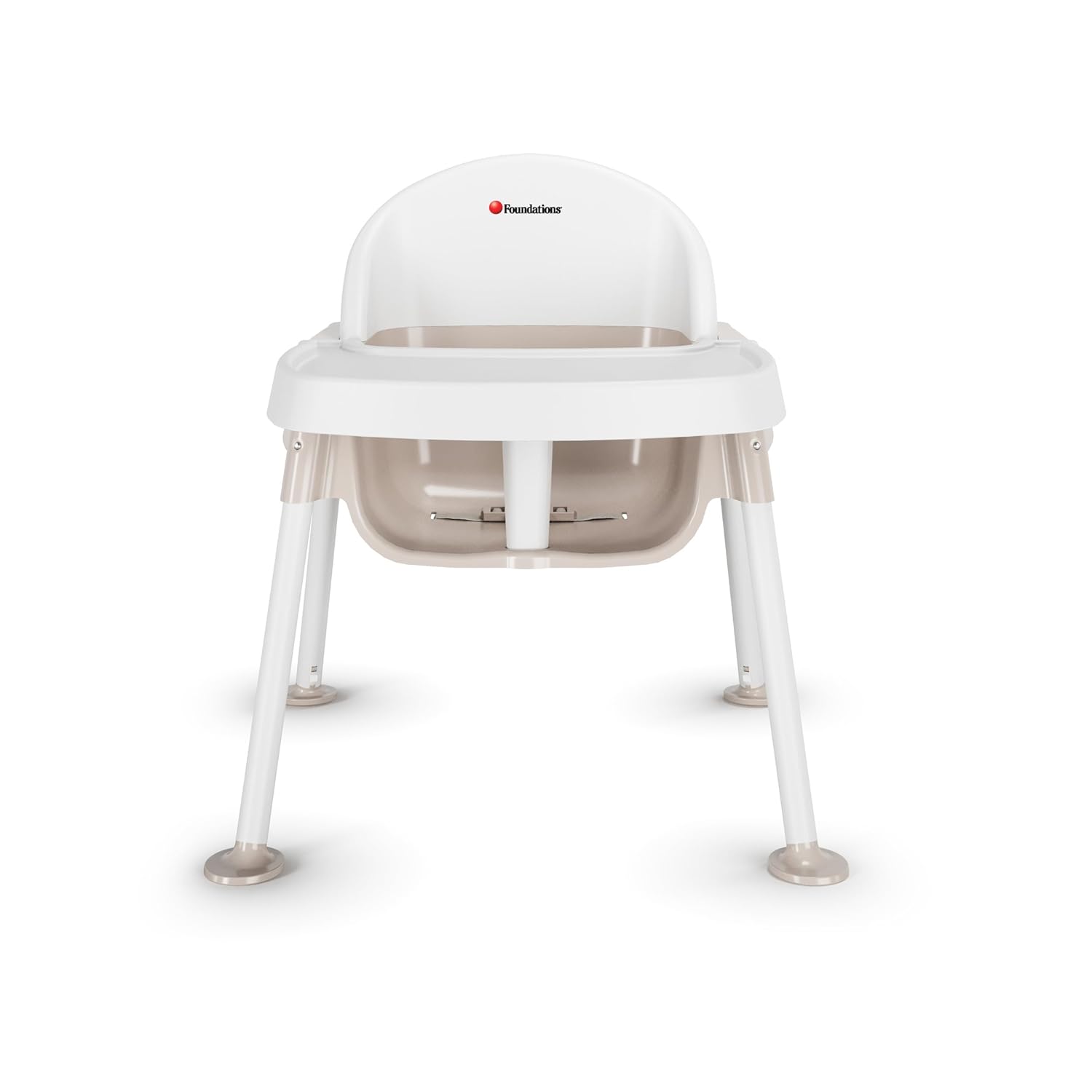 Foundations Secure Sitter 9" Feeding Chair, Stable “No Tip” Feet, 3-Point Adjustable Harness, Removable Tray, Easy to Clean, Smooth Plastic (White/Tan)