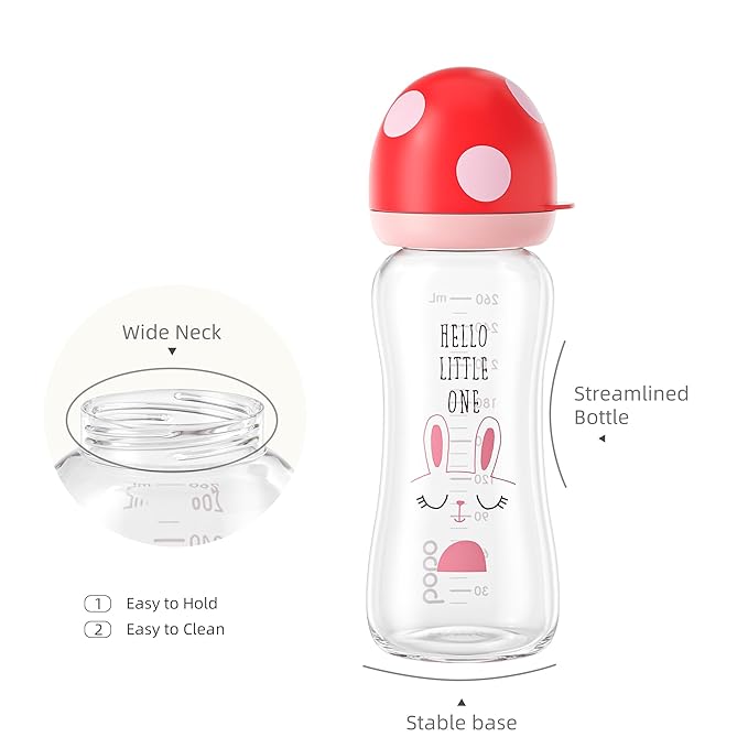 YOHKOH Natural Glass Baby Bottle with Natural Response Nipple, Newborn Anti-Colic Baby Bottles, Wide Neck Mushroom Cap Baby Bottle, Clear (8.8ounce (Pack of 2), Red1)-BubblyBeeBaby