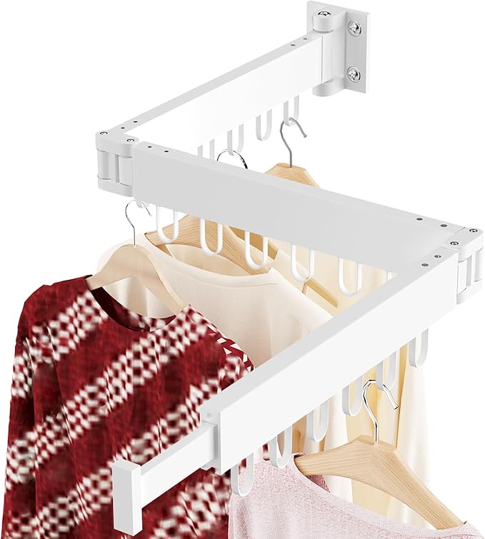 JAUREE Clothes Drying Rack Wall Mounted, Laundry Drying Rack Collapsible, Space Saving Wall Drying Rack Clothing Foldable, Tri-Fold Retractable Rack Outdoor Indoor with 18 Hooks, White-BubblyBeeBaby