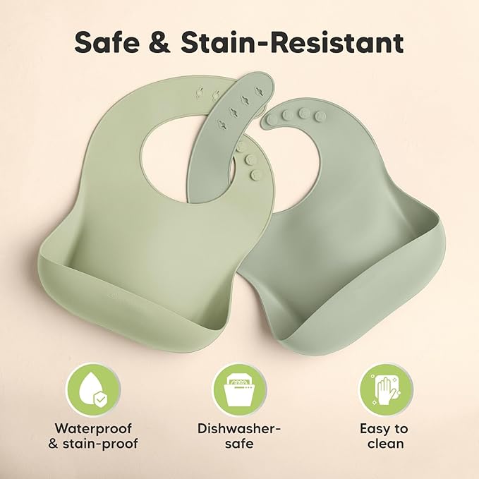 KeaBabies 2-Pack Silicone Baby Bibs for Eating - Sturdy Food-Grade Silicone Bibs for Babies Girl, Boy, Large Food Catcher, Clean & Put On Easily, Waterproof Toddler Feeding Essentials (Sage)-BubblyBeeBaby