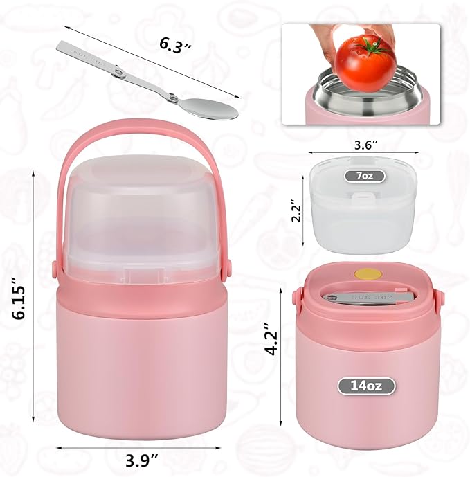 2 - in - 1 Soup Thermo for Hot Food 14oz with Snack Box Container Leak Proof Insulated Lunch Container Kids and Adults Stainless Steel Double Wall Vacuum Wide-mouth Thermal with Spoon and Handle-BubblyBeeBaby