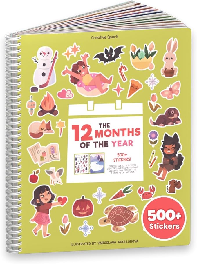 12 Months Sticker + Coloring Book (500+ Calendar Stickers for Kids & 12 Coloring Pages) Side by Side Activity Book, Fun Sticker Books, Boys & Girls Ages 2-4, 4-8, 8-10-BubblyBeeBaby